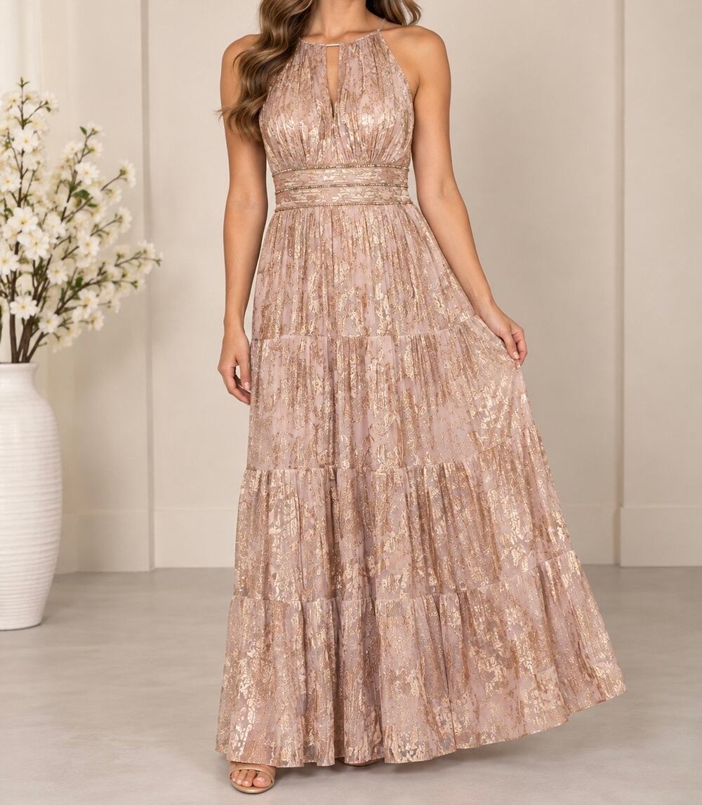 R&M Richards Foil Print Tiered Halter Evening Gown Rose Gold Size 6 NWT